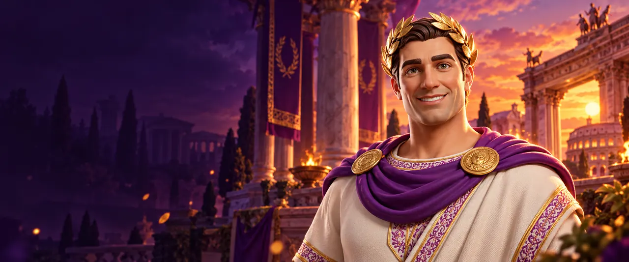Personnage romain Julius en toge violette devant un palais au coucher du soleil