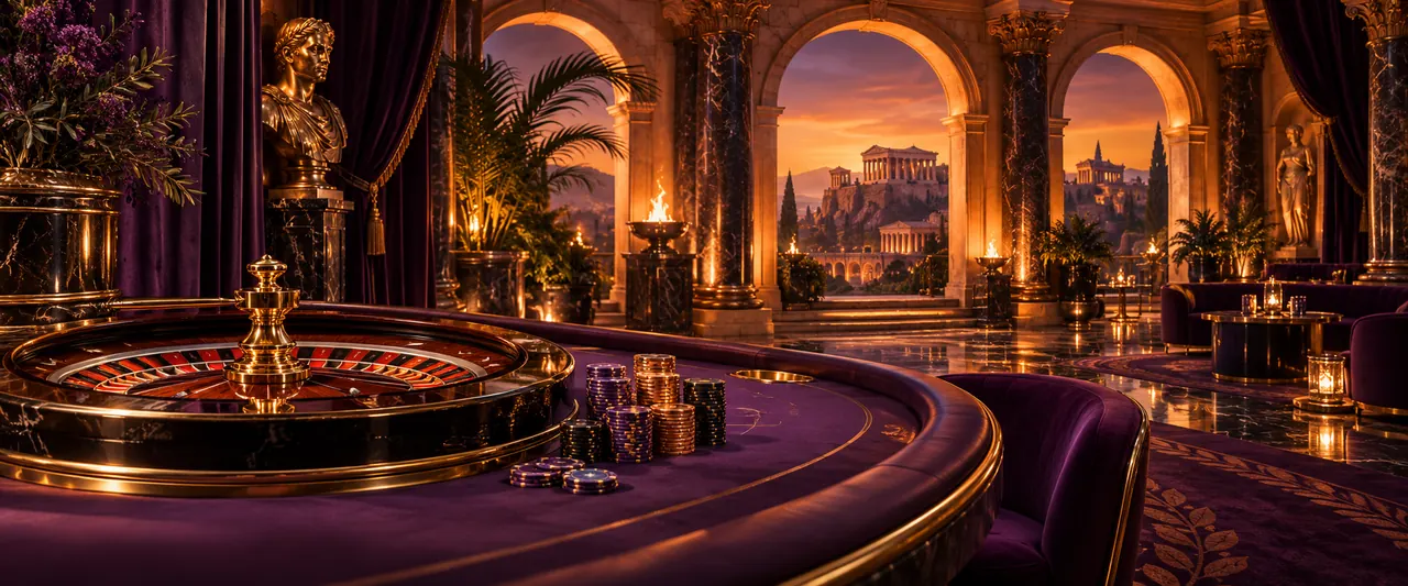 Salon de casino d’inspiration romaine avec roulette, velours violet et lumière orange