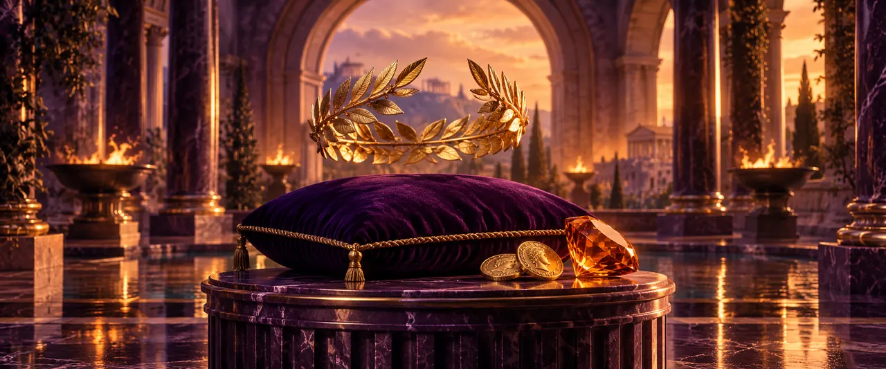 Couronne de laurier dorée et gemme orange sur un coussin de velours violet